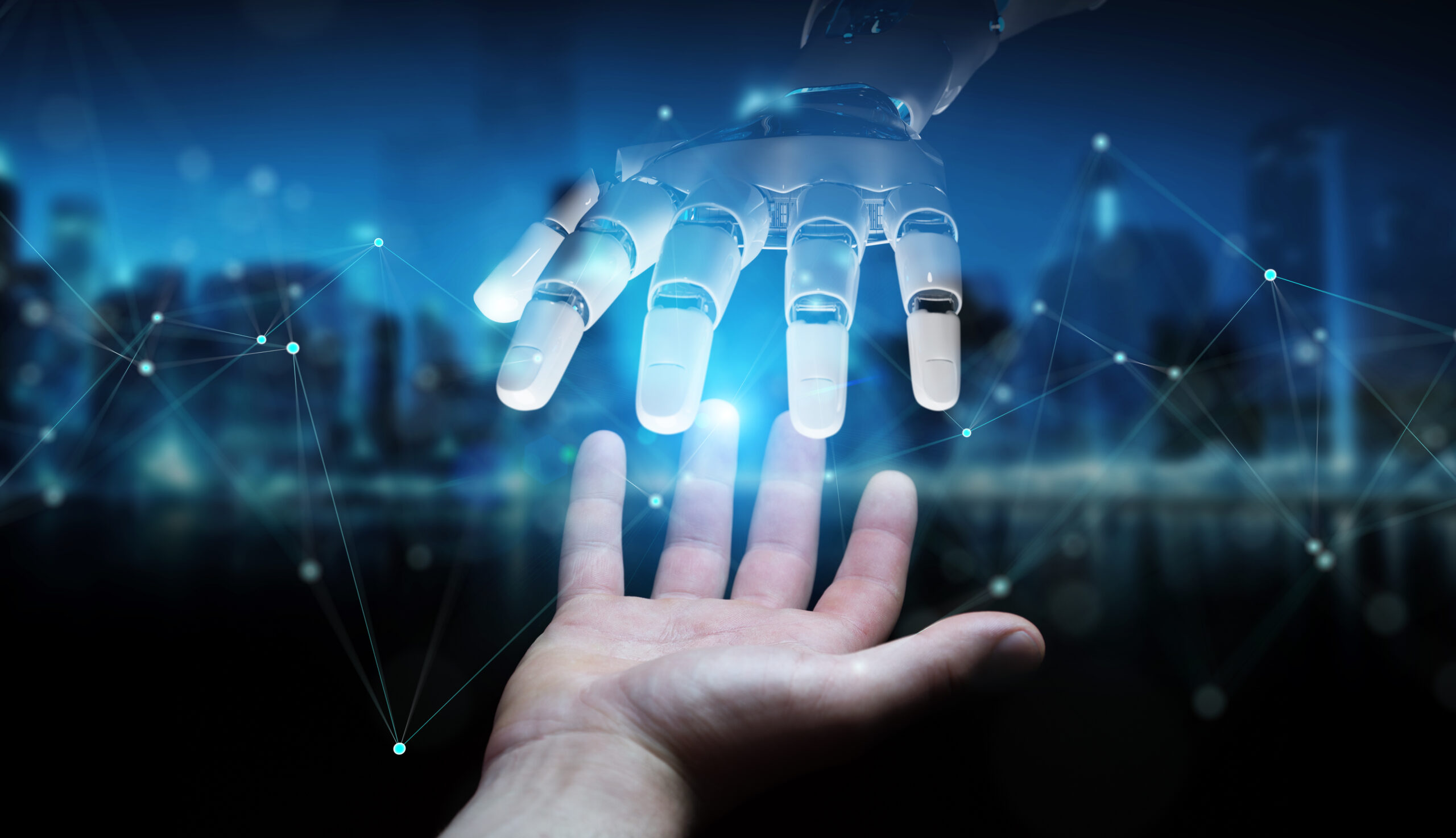 Robot hand making contact with human hand on dark background 3D